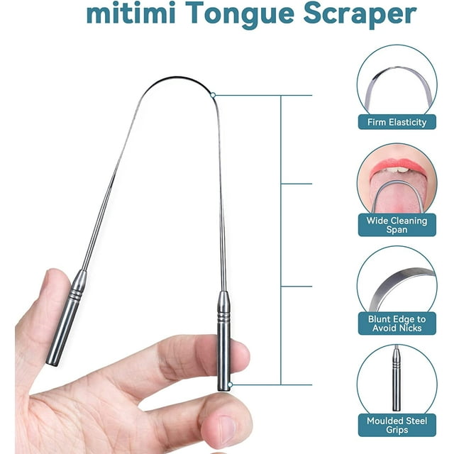 Mitimi Tongue Scraper with Case - 2 Pack, Fights Bad Breath, 100% Stainless Steel