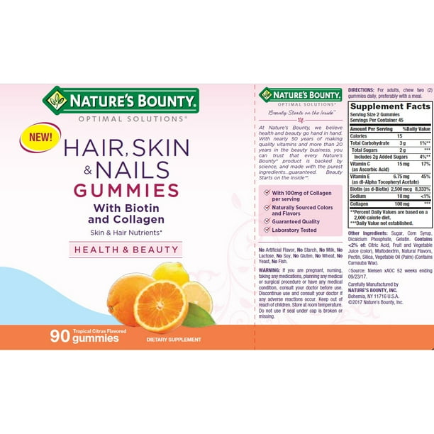 Nature's Bounty Hair Skin and Nails With Collagen and Biotin, Gummies, 90 Ct