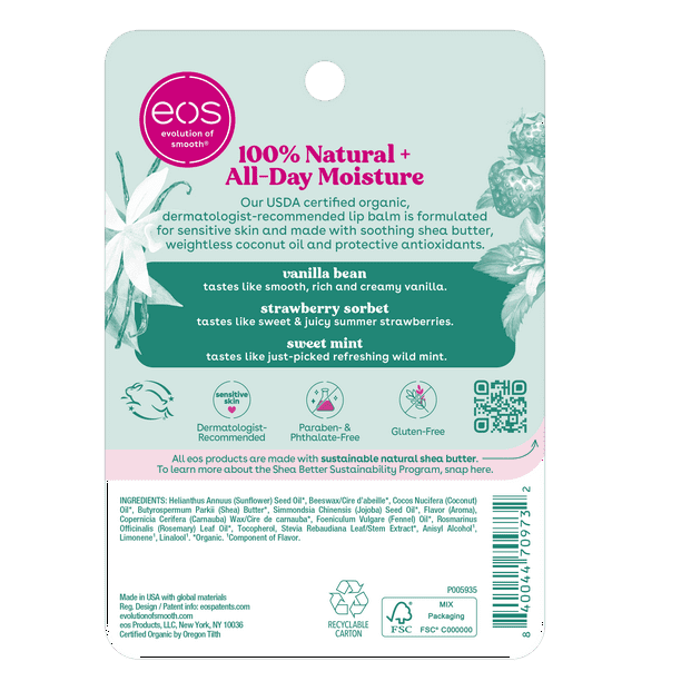 eos 100% Natural & Organic Lip Balm 3-Pack Stick - Lip Moisturizer Variety Pack