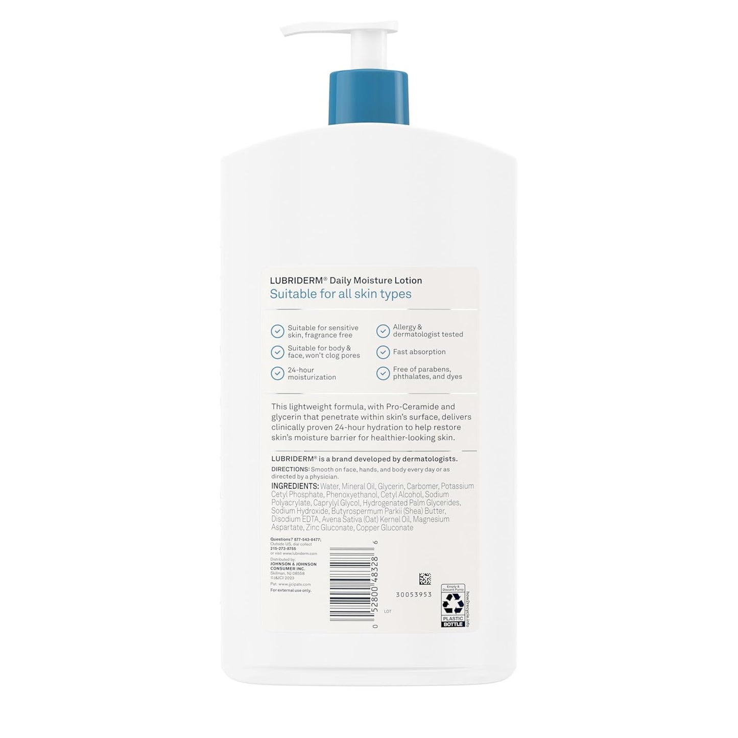 Lubriderm Fragrance Free Daily Moisture Lotion + Pro-Ceramide, Shea Butter & Glycerin, Face, Hand & Body Lotion for Sensitive Skin, Hydrating Lotion for Healthier-Looking Skin, 24 fl. oz