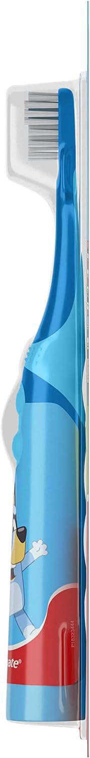 Colgate Kids Battery Powered Toothbrush, Kids Battery Toothbrush with Included AA Battery, Extra Soft Bristles, Flat-Laying Handle to Prevent Rolling, Bluey Toothbrush, 1 Pack
