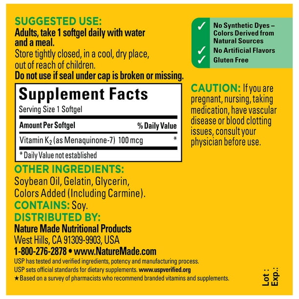 Nature Made Vitamin K2 100 mcg Softgels, Dietary Supplement for Bone Support, 30 Count