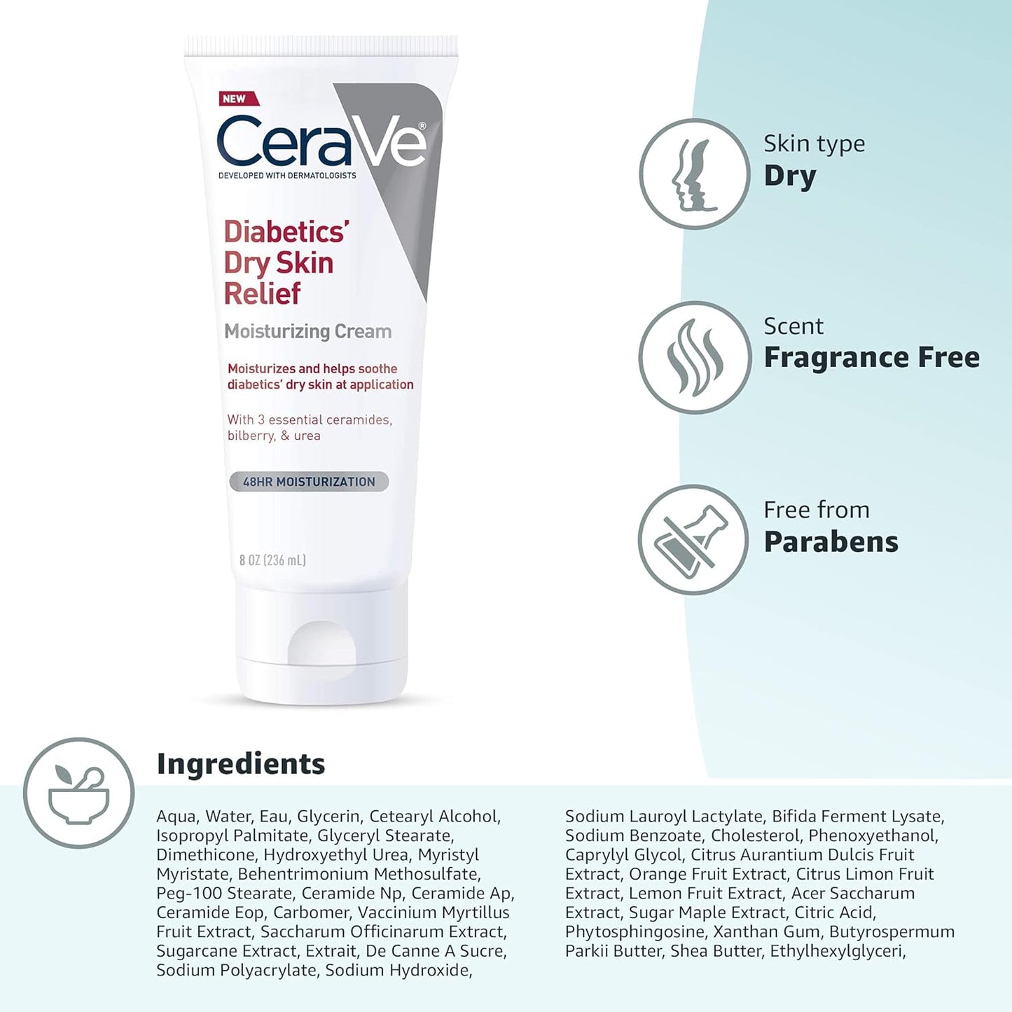 CeraVe Moisturizing Cream for Diabetics’ Dry Skin | Urea Cream with Bilberry for Face and Body | Fragrance Free & Paraben Free | 8 Ounce