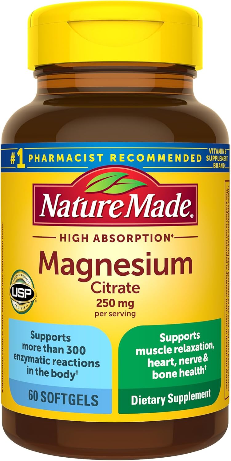Nature Made Magnesium Citrate 250 mg per serving, Magnesium Supplement for Muscle, Nerve, Bone and Heart Support, 60 Softgels, 30 Day Supply