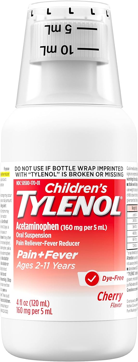 Tylenol Children's Liquid Oral Suspension Pain Reliever & Fever Reducer with Acetaminophen, Aspirin-, Ibuprofen-, High Fructose Corn Syrup- & Dye-Free, Cherry, 4 Fl. Oz