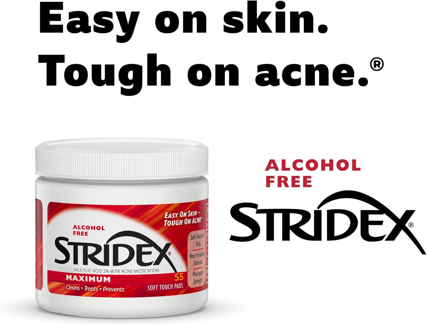 Stridex Medicated Acne Pads, Maximum, 55 Count – Facial Cleansing Wipes, Alcohol Free, Acne Treatment for Face, For Moderate Acne, Smooth Application
