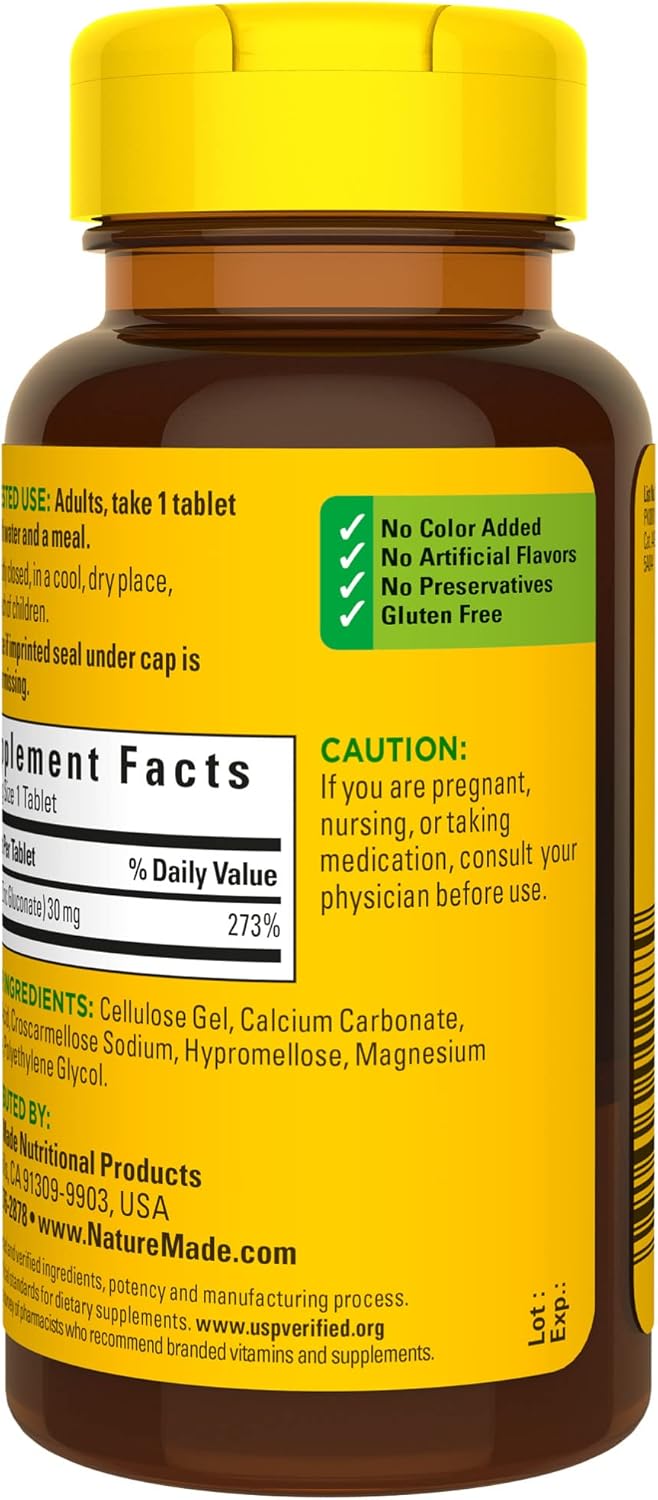 Nature Made Zinc 30 mg, Dietary Supplement for Immune Health and Antioxidant Support, 100 Tablets, 100 Day Supply