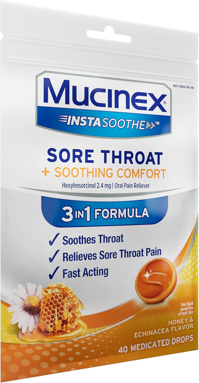 Mucinex Instasoothe Sore Throat Relief Drops, Sore Throat Lozenges, Sore Throat Medicine with Hexylresorcinol, Cough Drops Alternative, Honey & Echinacea Flavor Medicated Numbing Throat Drops, 40 ct