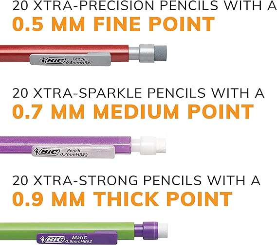 BIC Variety Pack, Assorted Sizes, 0.5mm, 0.7mm, 0.9mm, 60-Count, Refillable Design for Long-Lasting Use
