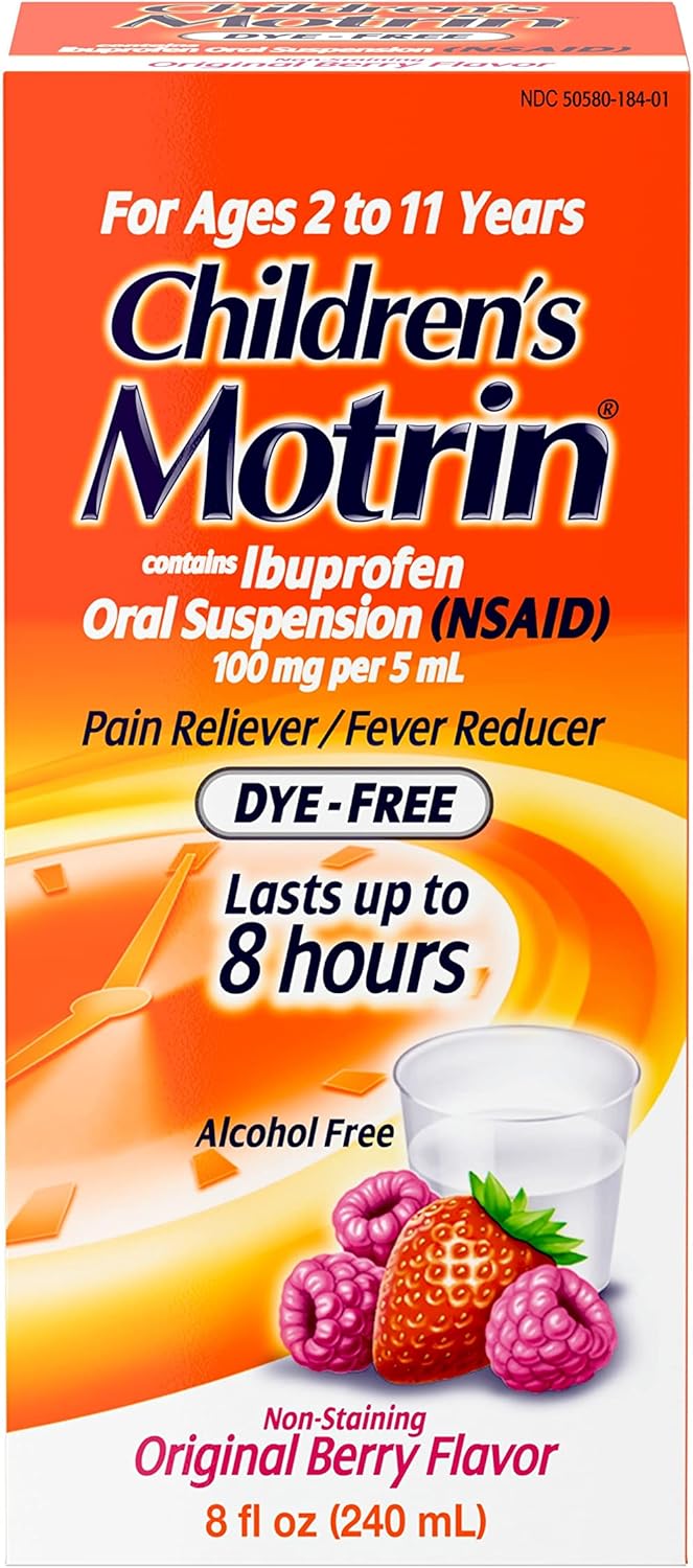 Motrin Children's Oral Suspension 100mg Ibuprofen Medicine, NSAID Fever Reducer & Pain Reliever for Minor Aches & Pains Due to Cold & Flu, Dye Free, Alcohol-Free, Berry Flavored, 8 fl. oz