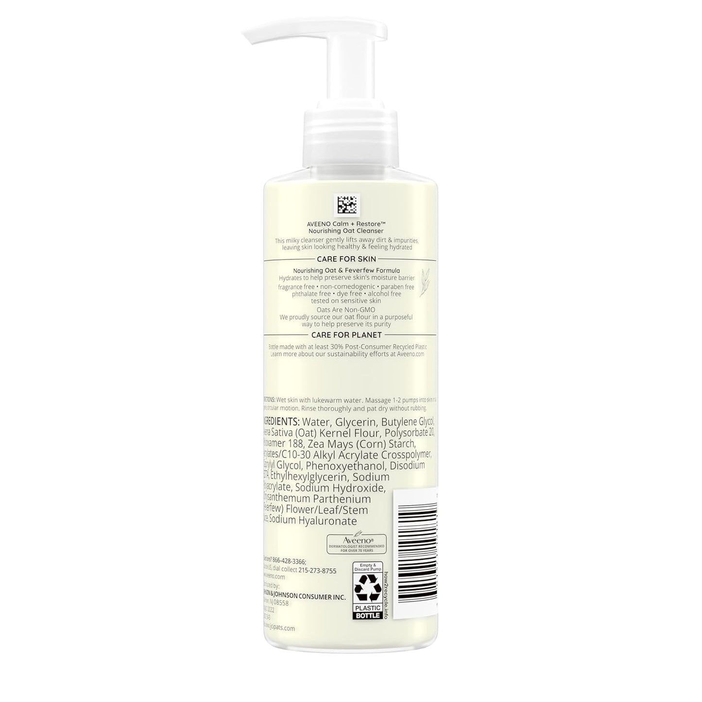Aveeno Calm + Restore Facial Cleanser for Sensitive Skin, Hydrating Gentle Milky Face Cleanser with Nourishing Oat and Feverfew, Hypoallergenic Formula, Fragrance Free, 7.8 FL OZ
