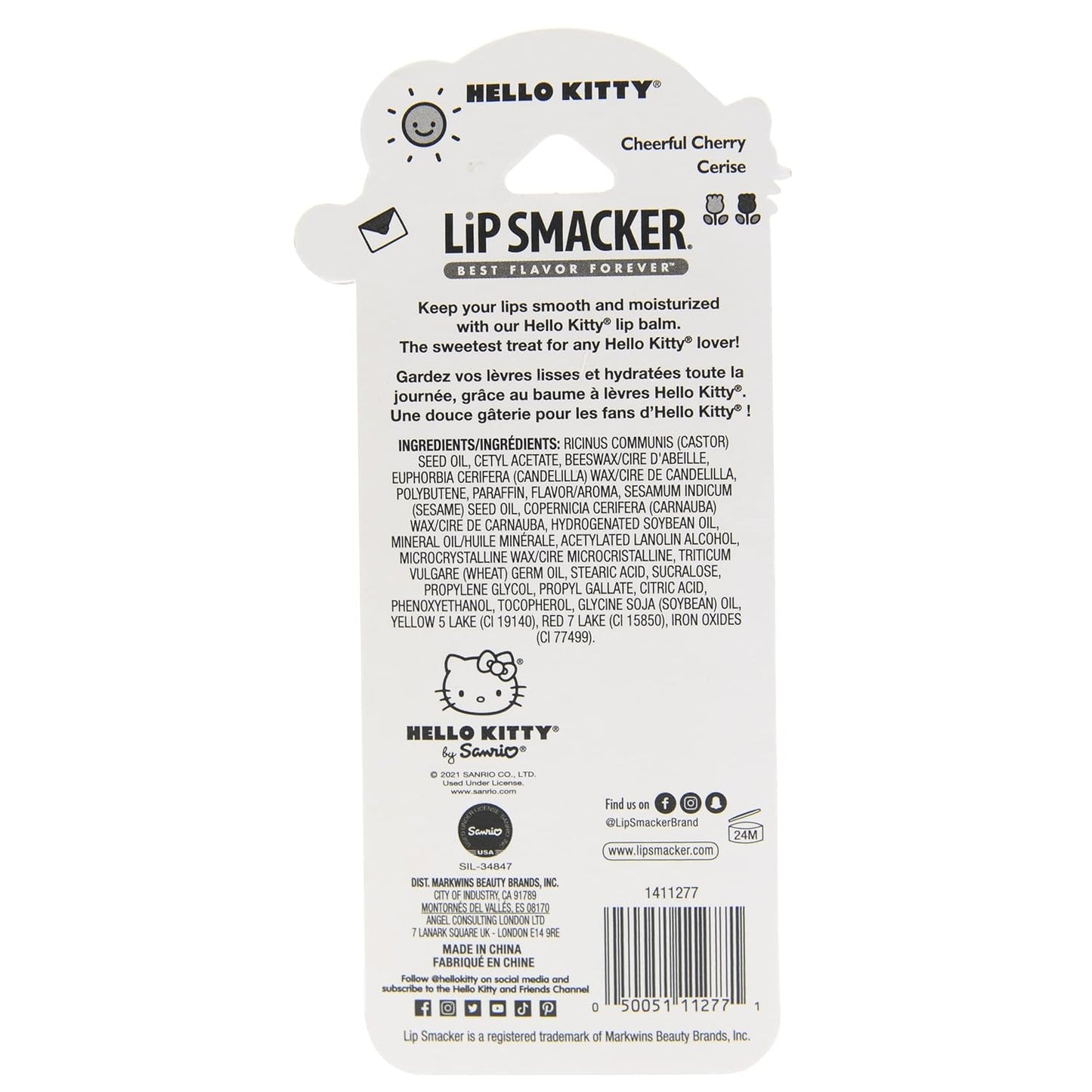 Lip Smacker Lippy Pals Sanrio Hello Kitty, Flavored Moisturizing & Smoothing Soft Shine Lip Balm, Hydrating & Protecting Fun Tasty Flavors, Cruelty-Free & Vegan - Cheerful Cherry