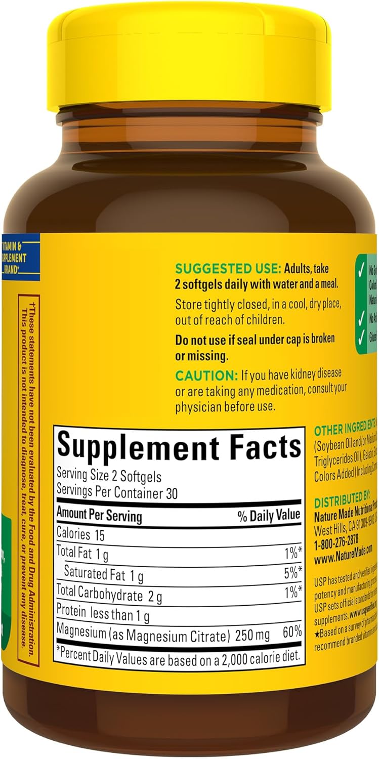 Nature Made Magnesium Citrate 250 mg per serving, Magnesium Supplement for Muscle, Nerve, Bone and Heart Support, 60 Softgels, 30 Day Supply