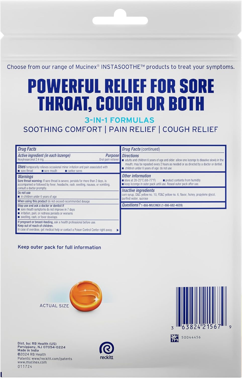 Mucinex Instasoothe Sore Throat Relief Drops, Sore Throat Lozenges, Sore Throat Medicine with Hexylresorcinol, Cough Drops Alternative, Honey & Echinacea Flavor Medicated Numbing Throat Drops, 40 ct