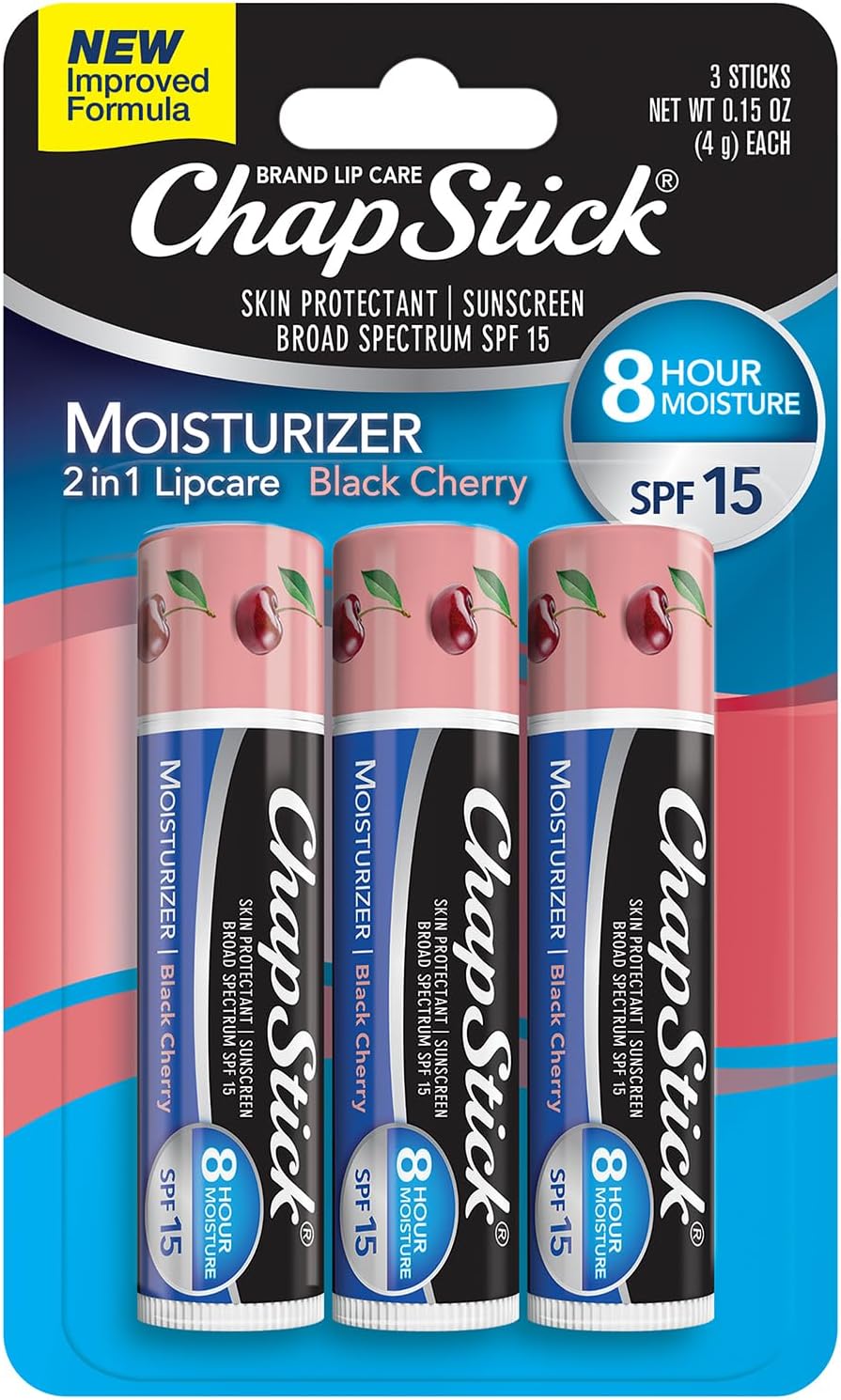 ChapStick Moisturizer 2-in-1 Lipcare SPF 15, Black Cherry, 3-Pack – Sunscreen Lip Balm with Aloe Vera and Vitamin E, 0.15 Oz Ea