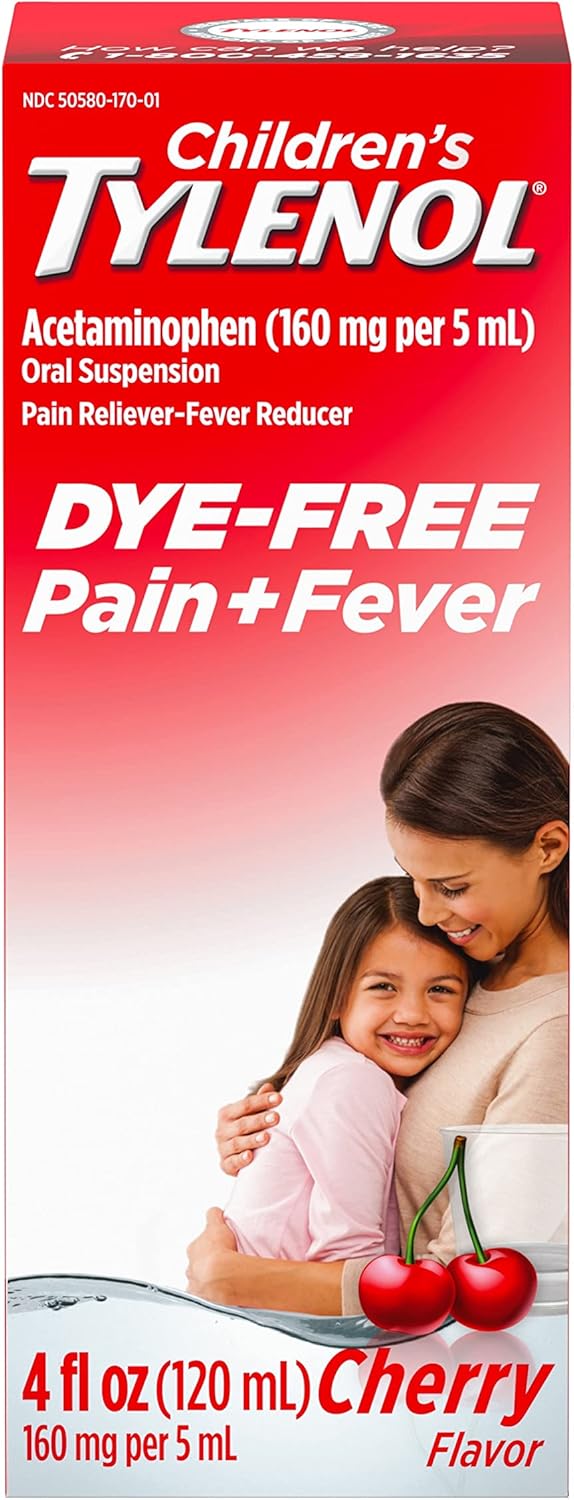 Tylenol Children's Liquid Oral Suspension Pain Reliever & Fever Reducer with Acetaminophen, Aspirin-, Ibuprofen-, High Fructose Corn Syrup- & Dye-Free, Cherry, 4 Fl. Oz