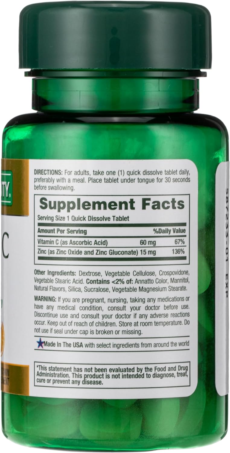 Vitamin C + Zinc by Nature's Bounty, Vitamin Supplement, Supports Immune Health, 60 mg, 60 Tablets
