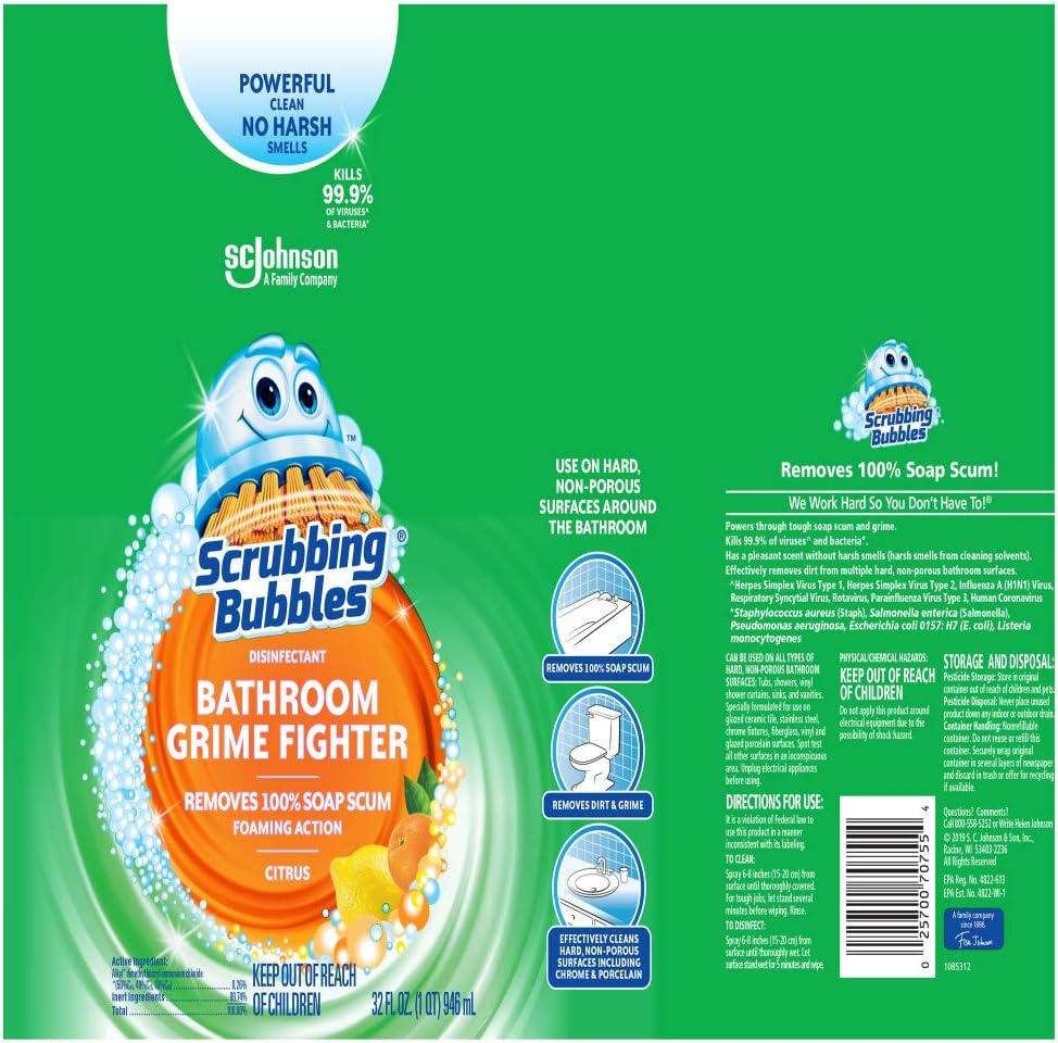 Scrubbing Bubbles Disinfectant Bathroom Grime Fighter Spray, Citrus, 32 fl oz