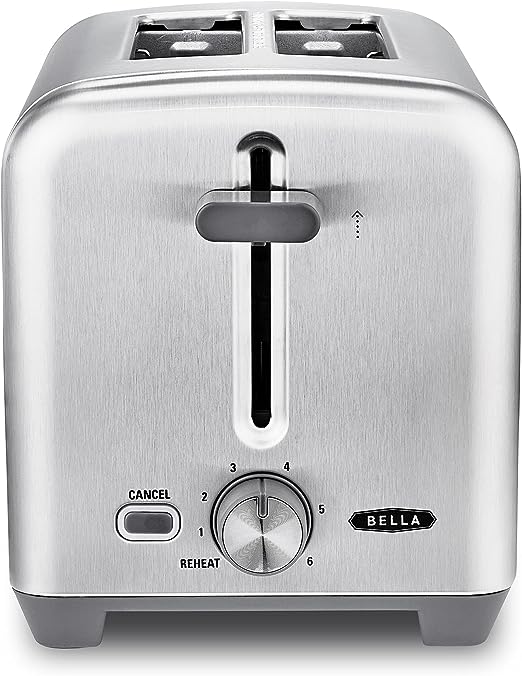 BELLA Stainless Steel 2 Slice Toaster with Extra Wide Slots & Removable Crumb Tray - 6 Browning Options, Auto Shut Off & Reheat Function - Toast Bread, Bagel & Waffle