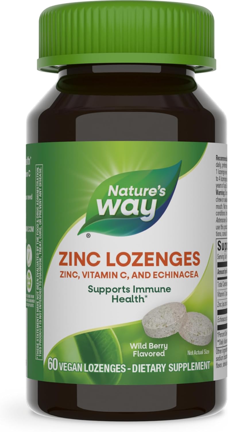 Nature's Way Zinc Lozenges with Vitamin C & Echinacea, Immune Support*, 23 mg of Zinc & 100 mg of Vitamin C per Serving, Wild Berry Flavored, 60 Lozenges (Packaging May Vary)
