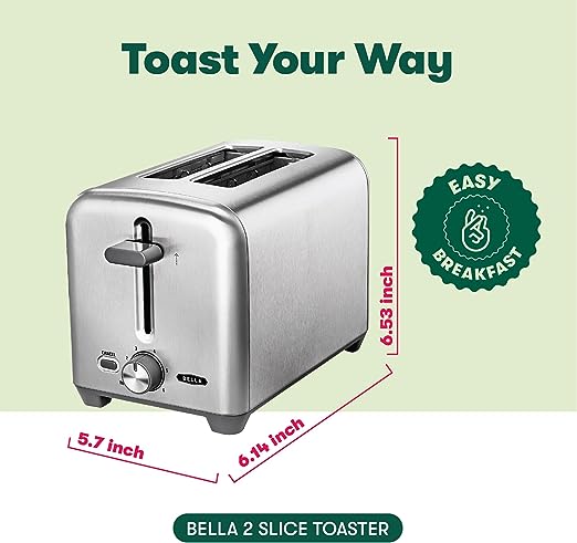 BELLA Stainless Steel 2 Slice Toaster with Extra Wide Slots & Removable Crumb Tray - 6 Browning Options, Auto Shut Off & Reheat Function - Toast Bread, Bagel & Waffle