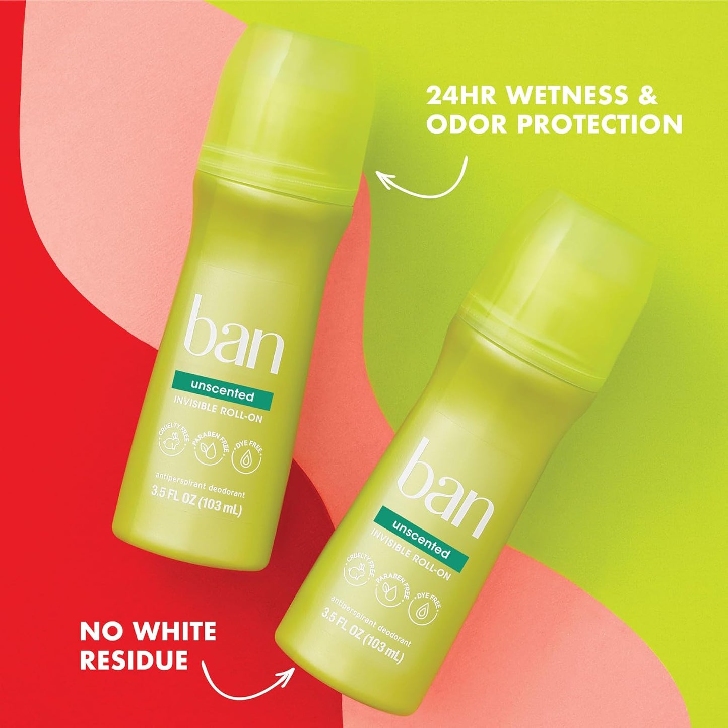 Ban Original Unscented 24-hour Invisible Antiperspirant, Roll-on Deodorant for Women and Men, Underarm Wetness Protection, with Odor-fighting Ingredients, 3.5 Fl Oz (Pack of 2)