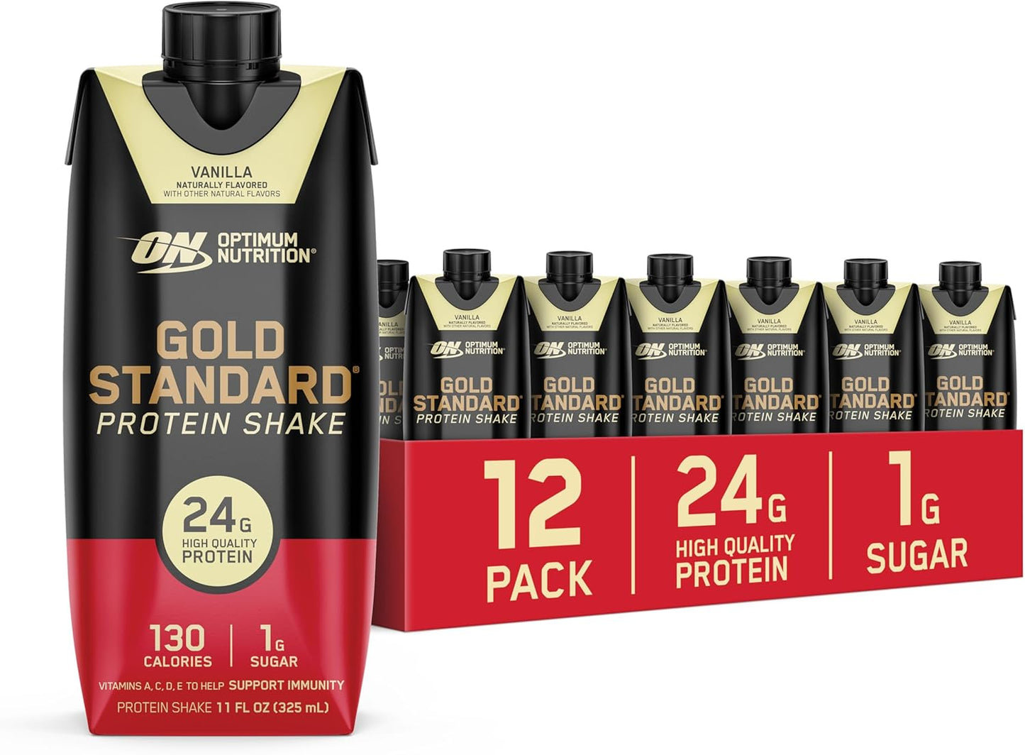Optimum Nutrition Gold Standard Protein Shake, 24g Protein, Ready to Drink Protein Shake, Gluten Free, Vitamin C for Immune Support, Vanilla, 11 Fl Oz, 12 Count (Pack of 1) (Packaging May Vary)