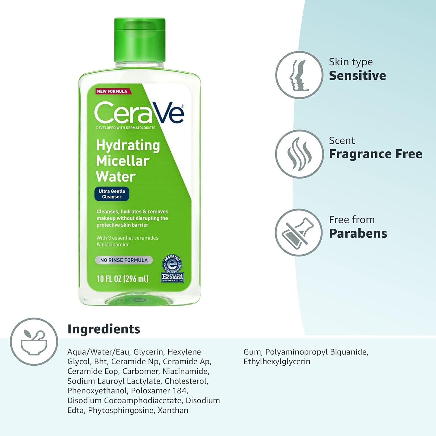 CeraVe Micellar Water | New & Improved Formula | Hydrating Facial Cleanser & Eye Makeup Remover | Fragrance Free & Non-Irritating | 10 Fl. Oz