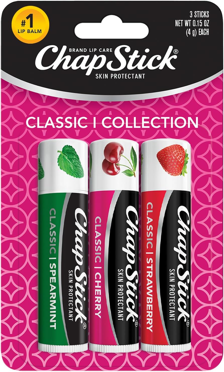 ChapStick Lip Care Set, Classic Collection 3-Pack – Spearmint, Cherry, and Strawberry Lip Balm, 0.15 Oz Ea