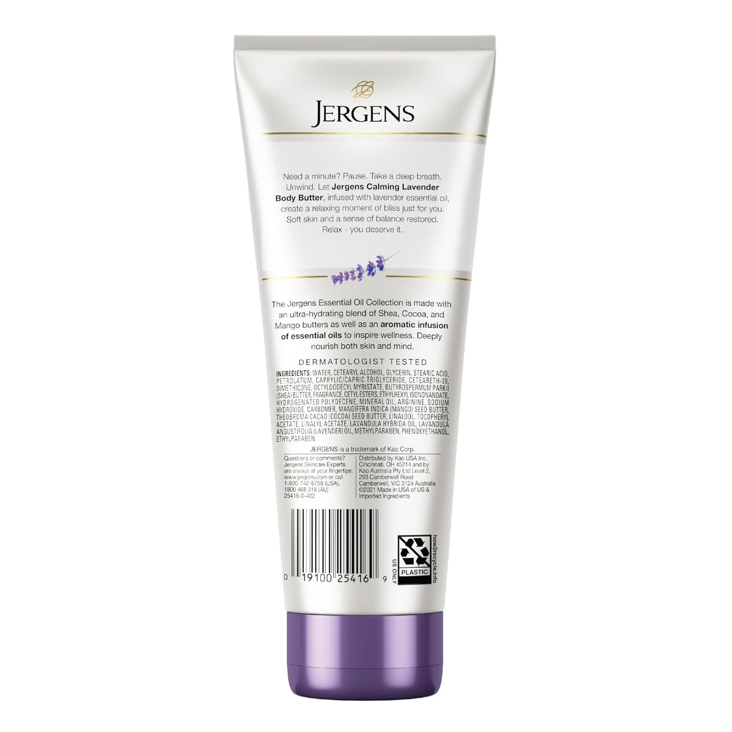 Jergens Lavender Body Butter Body and Hand Lotion, Moisturizer for Women, 7 Fl Oz (Pack of 1), with Essential Oils for Indulgent Moisturization White
