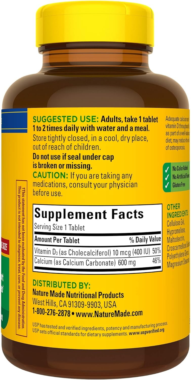 Nature Made Calcium 600 mg with Vitamin D3, Dietary Supplement for Bone Support, 220 Tablets (pack of 1)