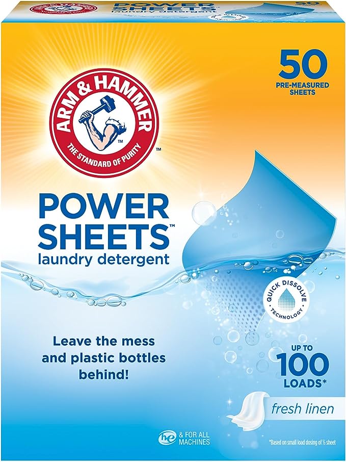 Arm & Hammer Power Sheets Laundry Detergent, Fresh Linen 50ct, up to 100 Small Loads (Packaging may vary)