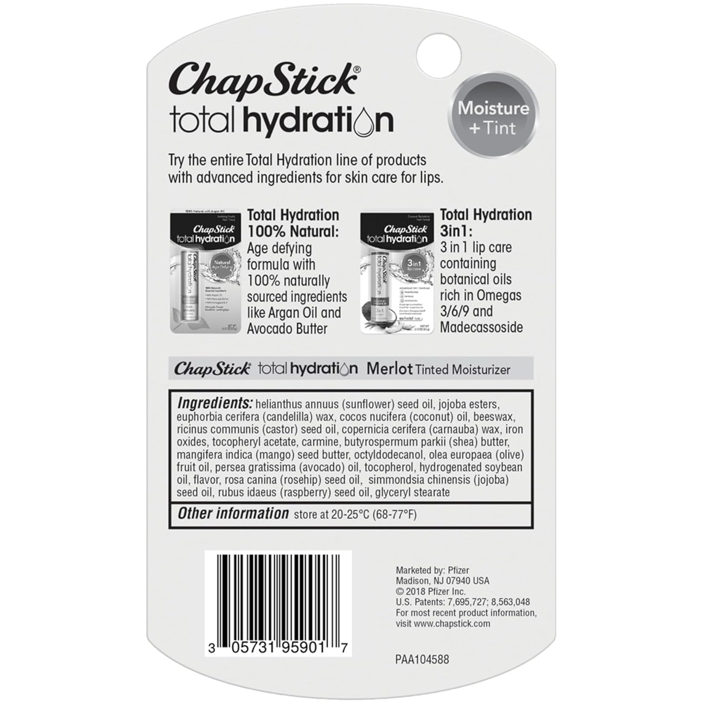 ChapStick Total Hydration Moisture + Tint Merlot Tinted Lip Balm Tube, Merlot Tinted ChapStick for Lip Care - .12 Oz