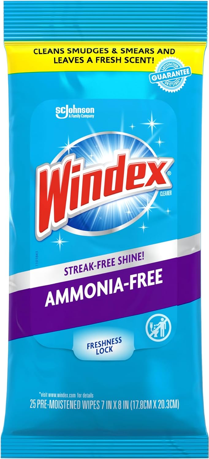 Windex Wipes Glass Cleaning Ammonia Free, Pre-Moistened Glass and Surface Wipes to Clean All Glass Surfaces, Crystal Rain Fresh Scent, 25 Count