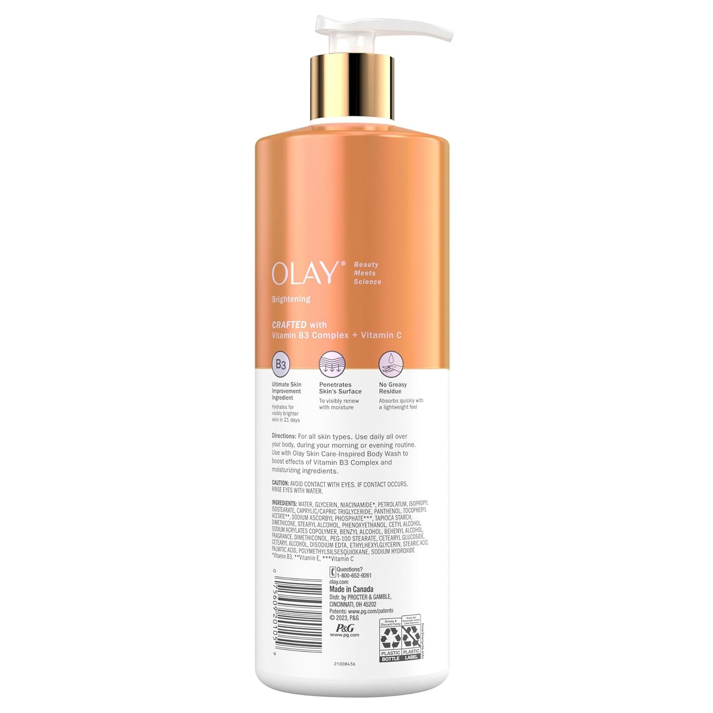 Olay Body Lotion Brightening for Women with Vitamin C, 24hr Moisturizing, Vitamin E & Vitamin B3 Complex, Fast Absorbing Formula, 17 fl oz