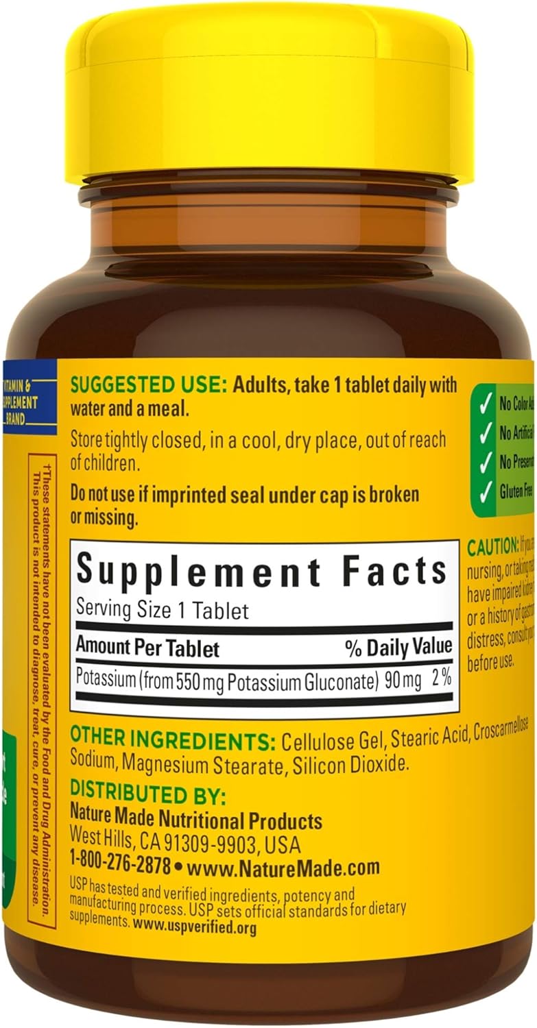 Nature Made Potassium Gluconate 550 mg, Dietary Supplement for Heart Health Support, 100 Tablets, 100 Day Supply
