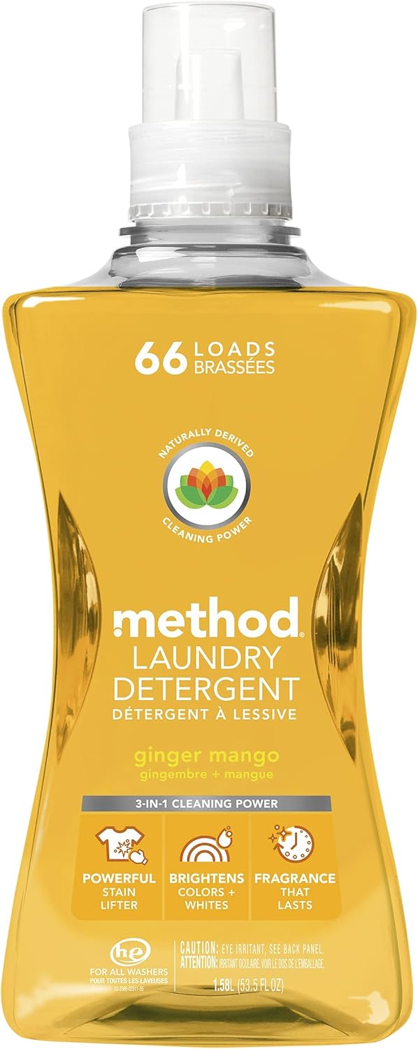 Method Liquid Laundry Detergent, Ginger Mango, 66 Loads Per Bottle, Hypoallergenic + Biodegradable Formula, Plant-Based Stain Remover, 53.5 Fl Oz (Pack of 1)
