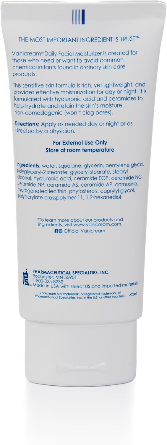 Vanicream Daily Facial Moisturizer With Ceramides and Hyaluronic Acid - Formulated Without Common Irritants for Those with Sensitive Skin, 3 fl oz (Pack of 1)