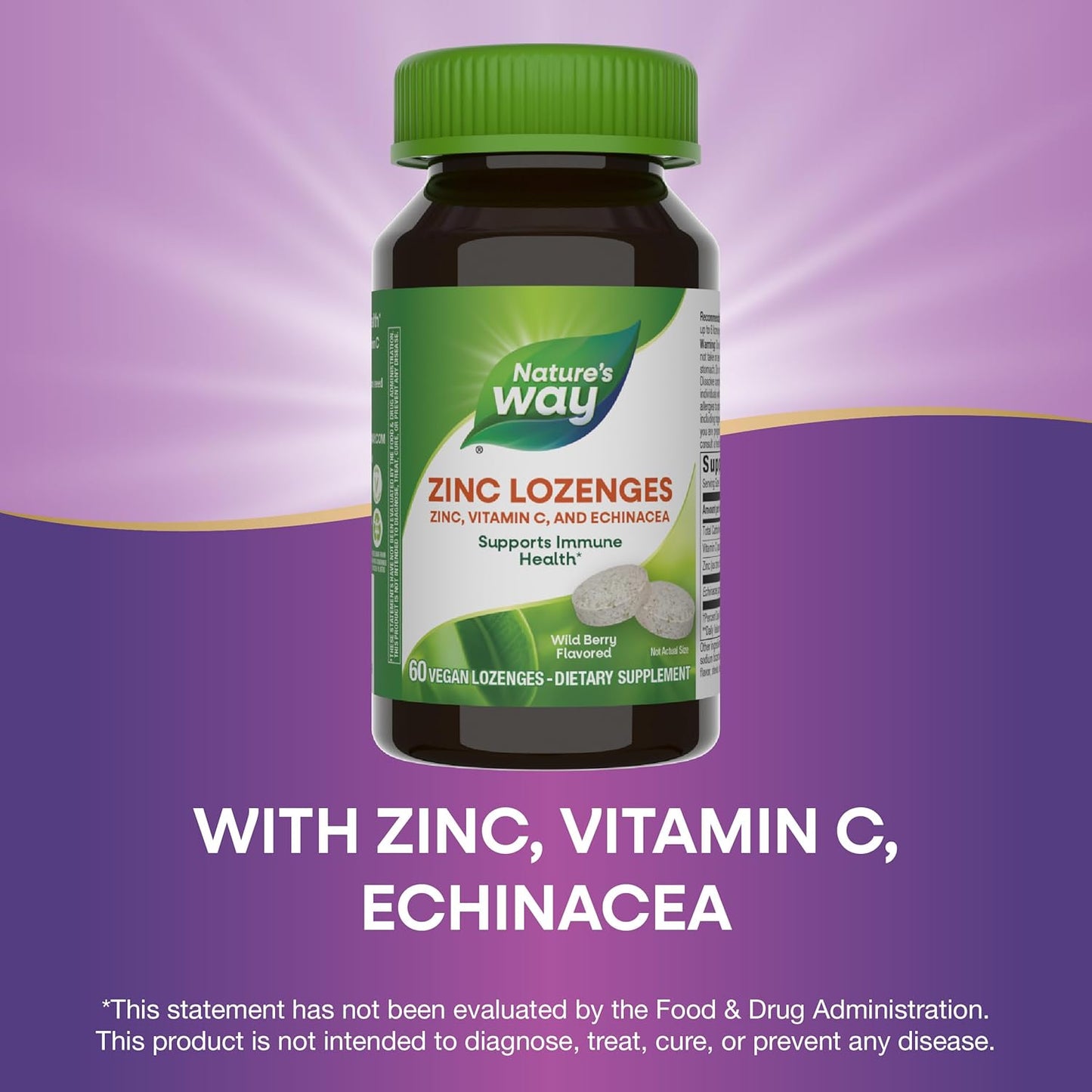 Nature's Way Zinc Lozenges with Vitamin C & Echinacea, Immune Support*, 23 mg of Zinc & 100 mg of Vitamin C per Serving, Wild Berry Flavored, 60 Lozenges (Packaging May Vary)