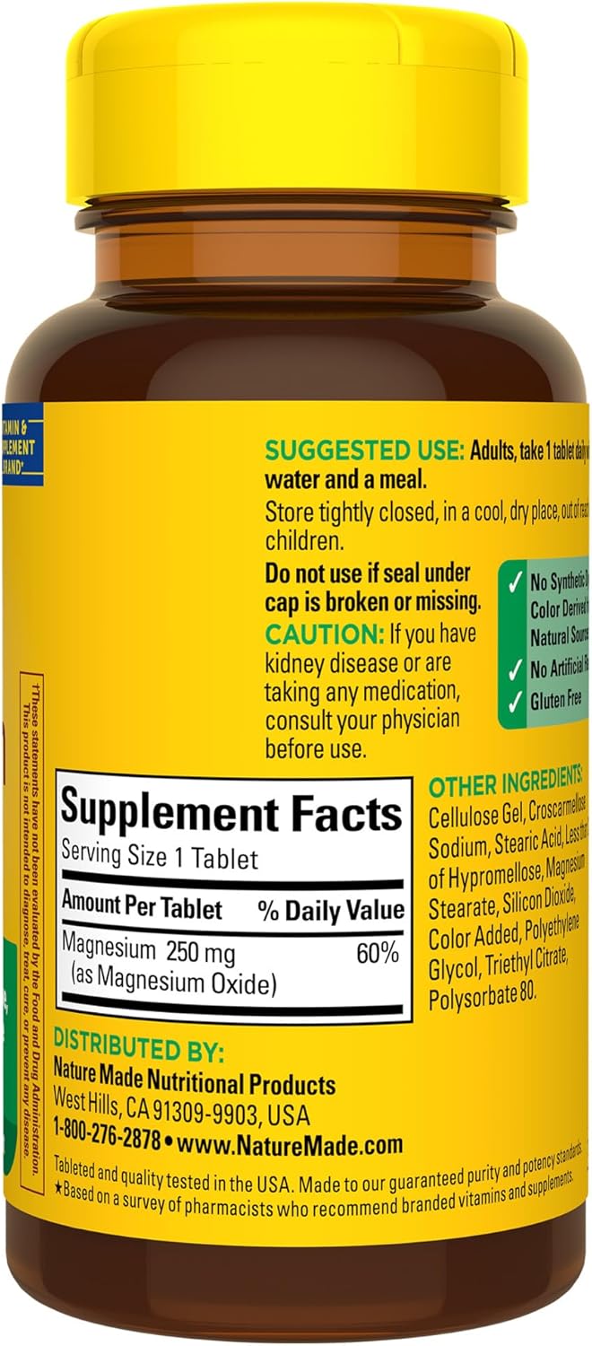 Nature Made Magnesium Oxide 250 mg, Magnesium Supplement for Muscle, Heart, Bone and Nerve Health Support, 100 Tablets, 100 Day Supply