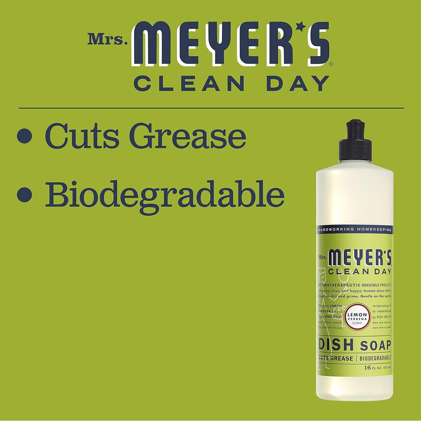 MRS. MEYER'S CLEAN DAY Liquid Dish Soap, Biodegradable Formula, Lemon Verbena, 16 fl. oz - Pack of 3
