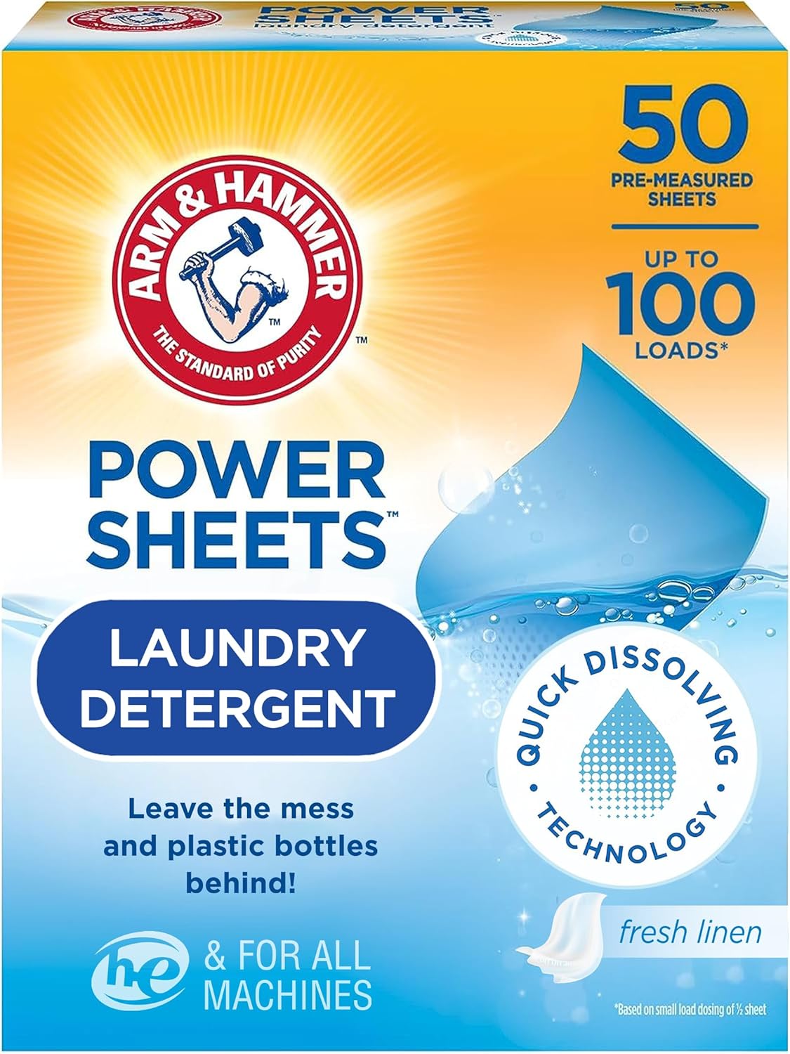 Arm & Hammer Power Sheets Laundry Detergent, Fresh Linen 50ct, up to 100 Small Loads (Packaging may vary)