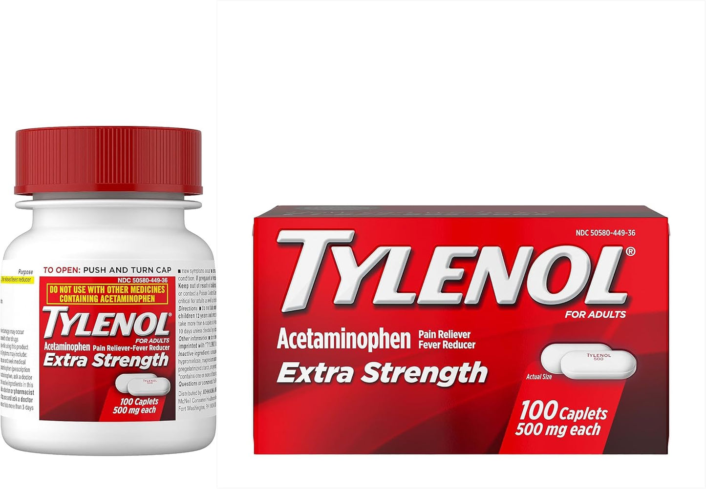 Tylenol Extra Strength Caplets with 500 mg Acetaminophen, Pain Reliever and Fever Reducer for Headache, Backache, Toothache & Minor Arthritis Pain Relief, 100 Count