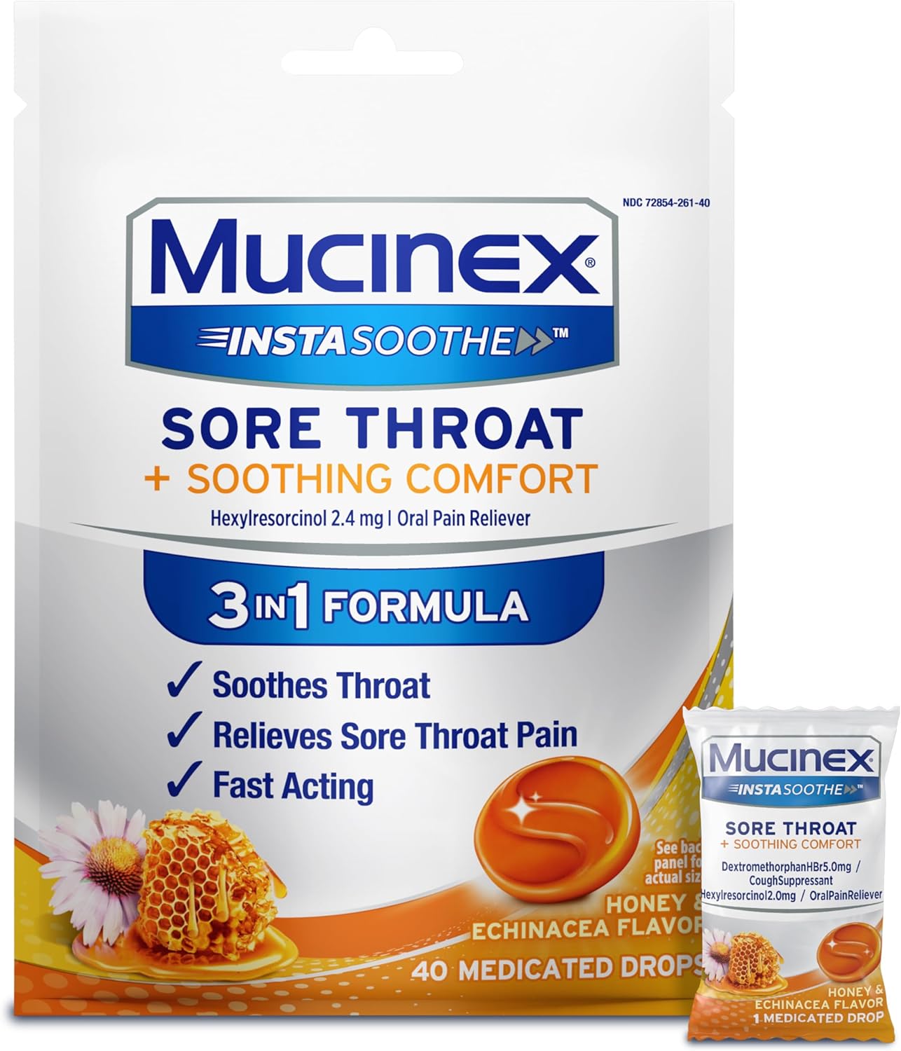 Mucinex Instasoothe Sore Throat Relief Drops, Sore Throat Lozenges, Sore Throat Medicine with Hexylresorcinol, Cough Drops Alternative, Honey & Echinacea Flavor Medicated Numbing Throat Drops, 40 ct