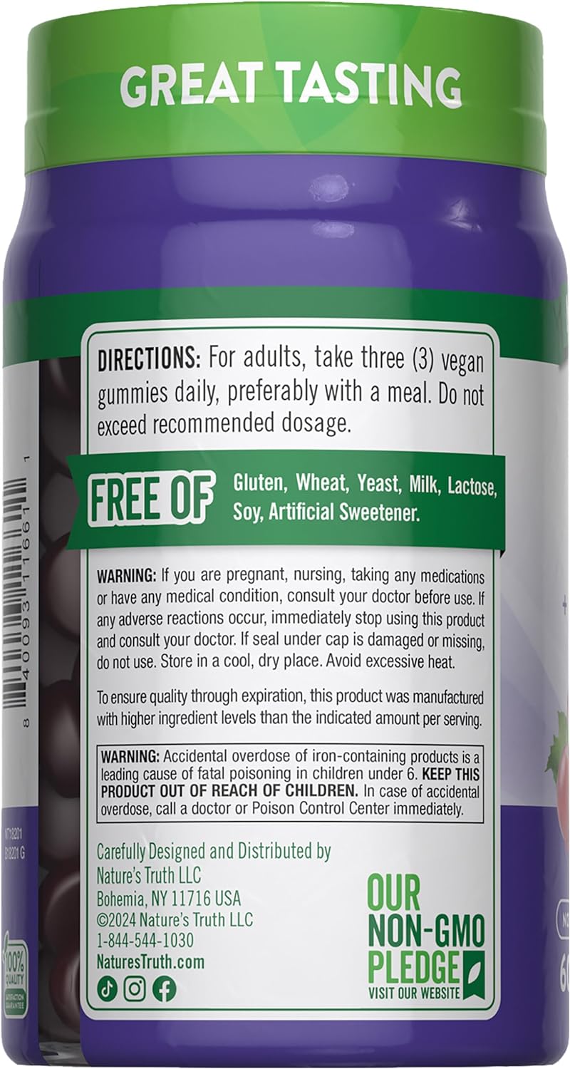 Natures Truth Iron Gummies | 60 Count | Vegan, Non-GMO & Gluten Free Supplement | with Zinc & B Vitamins | Grape Flavor