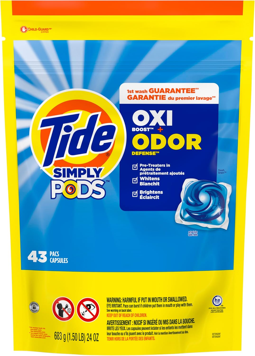 Tide Simply Pods Odor Rescue Liquid Laundry Detergent Pacs, 3 in 1 Powerful Detergent, Odor Fighters, Fresh Scent, 43Count
