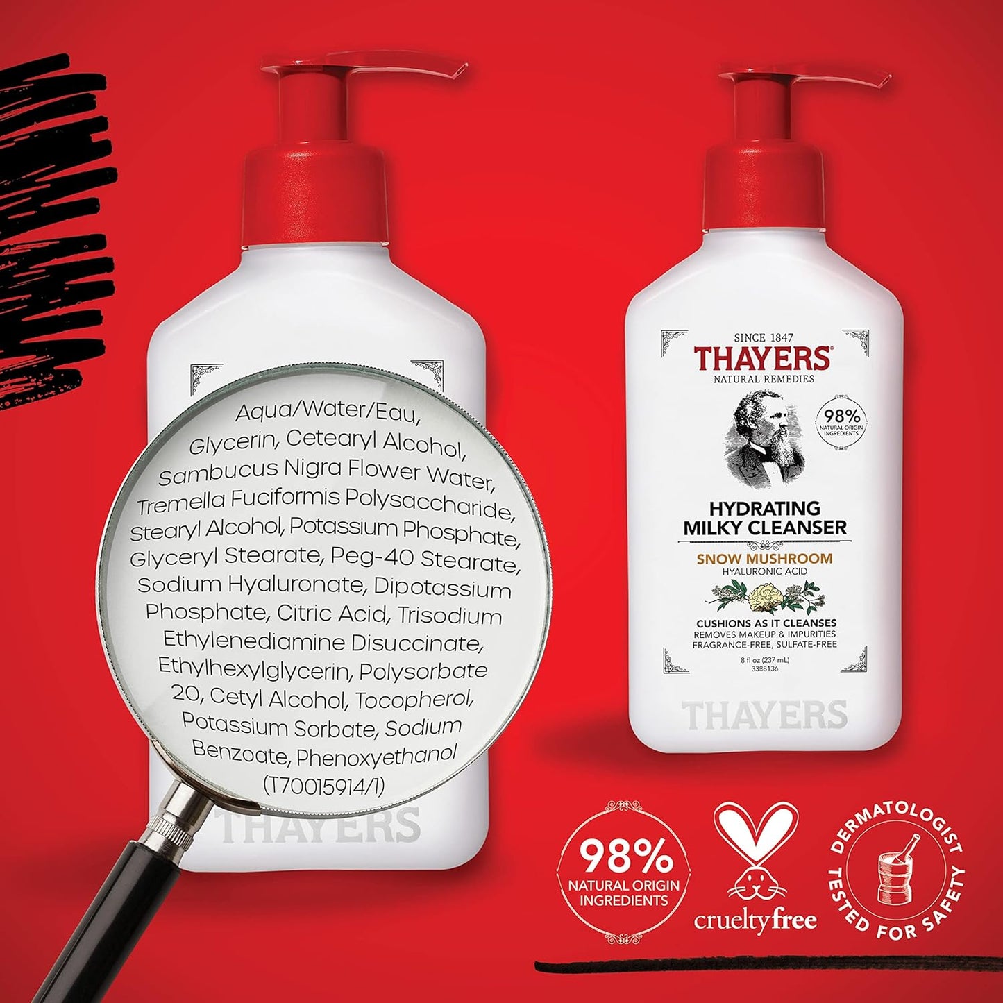 Thayers Milky Face Cleanser with Snow Mushroom, Hyaluronic Acid - Gentle, Hydrating, Dermatologist Recommended for Dry, Sensitive Skin - Paraben Free, 8 oz