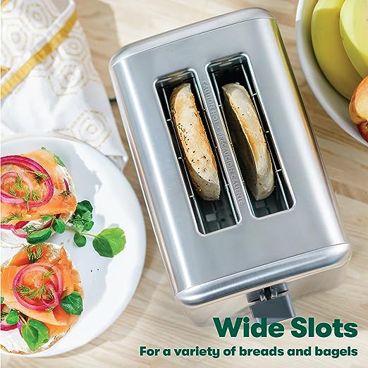 BELLA Stainless Steel 2 Slice Toaster with Extra Wide Slots & Removable Crumb Tray - 6 Browning Options, Auto Shut Off & Reheat Function - Toast Bread, Bagel & Waffle