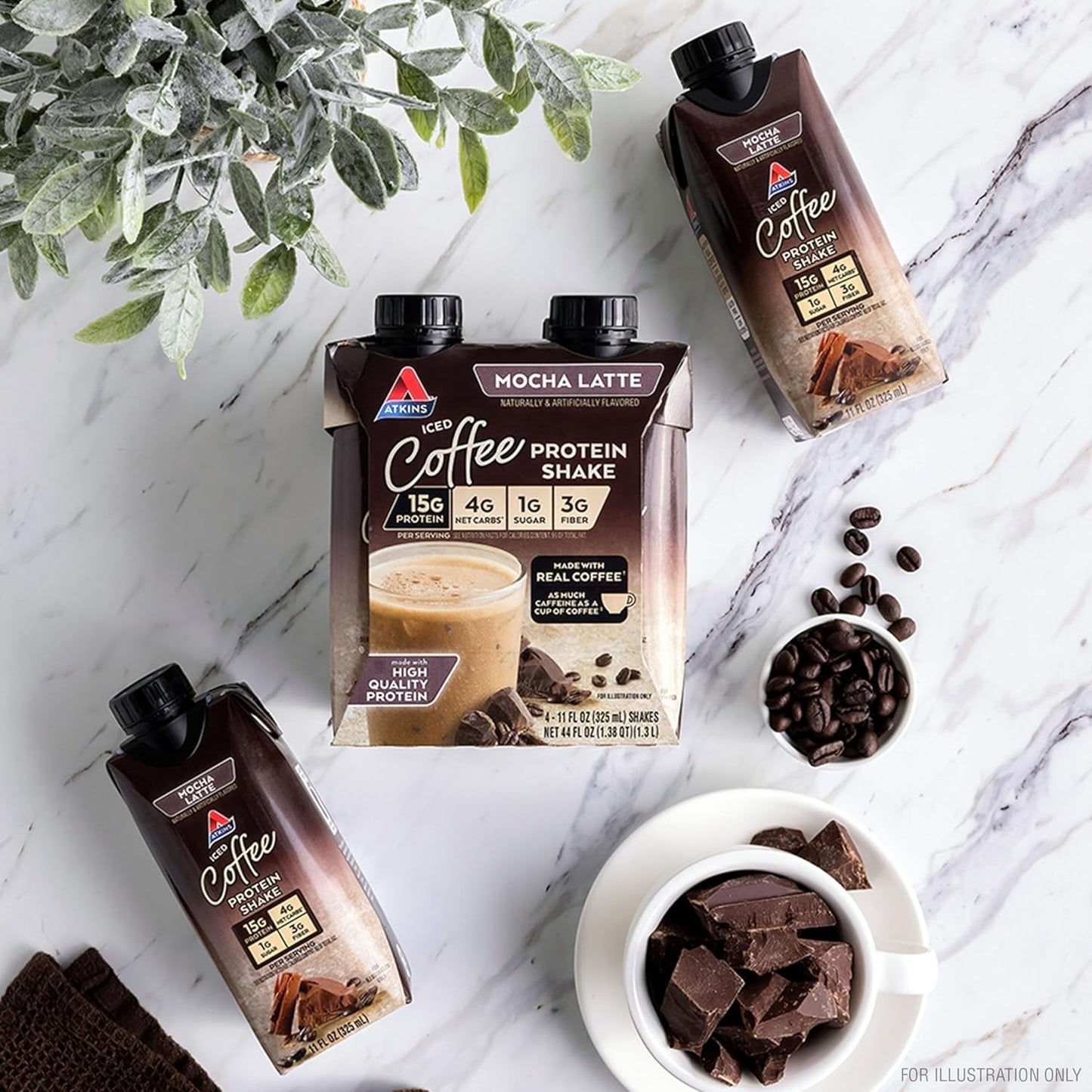 Atkins Mocha Latte Iced Coffee Protein Shake, 15g Protein, Low Glycemic, 4g Net Carb, 1g Sugar, Keto Friendly, 11fl.oz., 12-pack