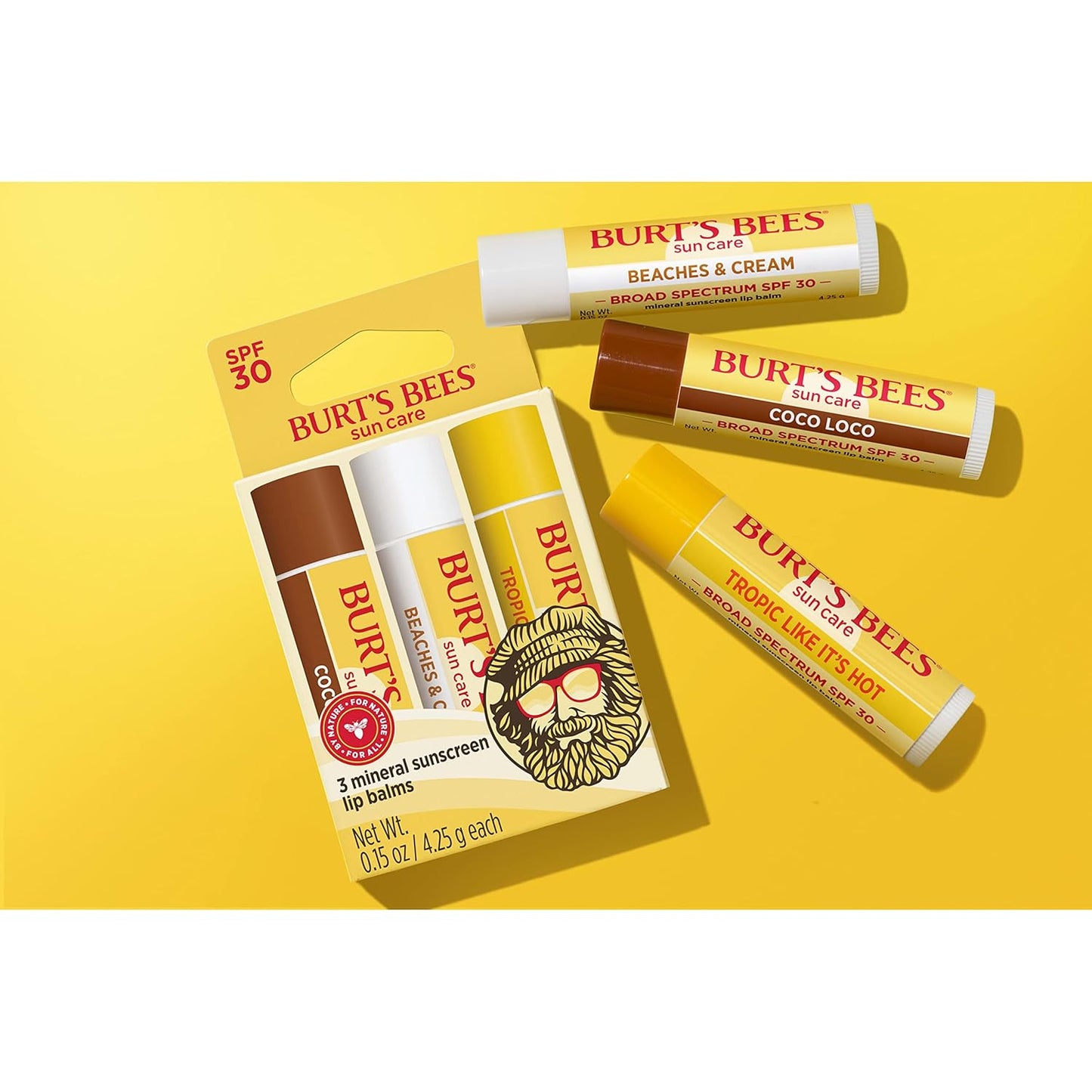 Burt's Bees Island Getaway Sun Care SPF 30 Lip Balm Stocking Stuffers, Water-Resistant Lip Moisturizer Christmas Gifts, Nano-Free Zinc Oxide Formula, Natural Conditioning Lip Treatment (3-Pack)